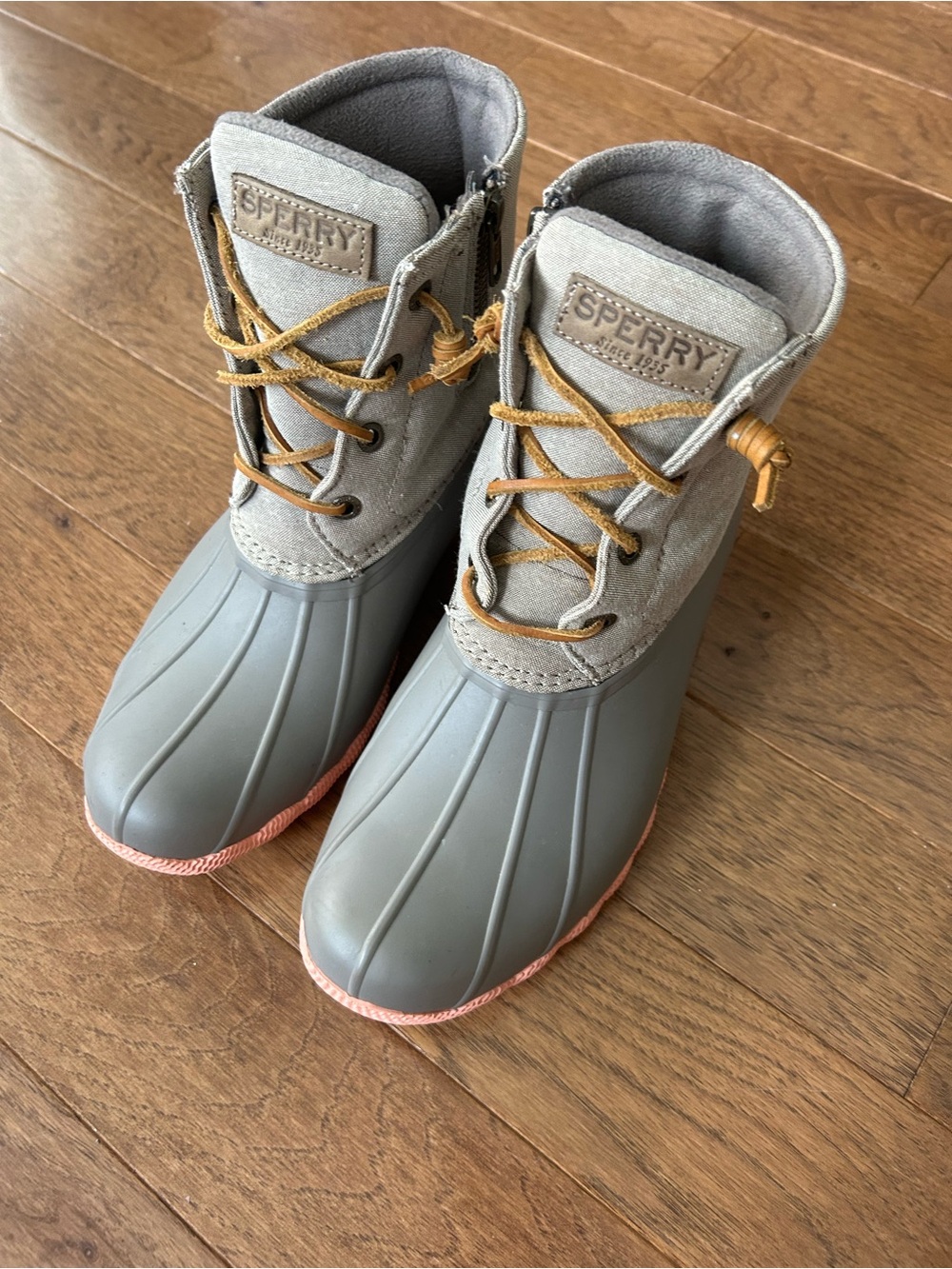 Sperry Gray Duck Boots with Peach Trim and Tan Laces